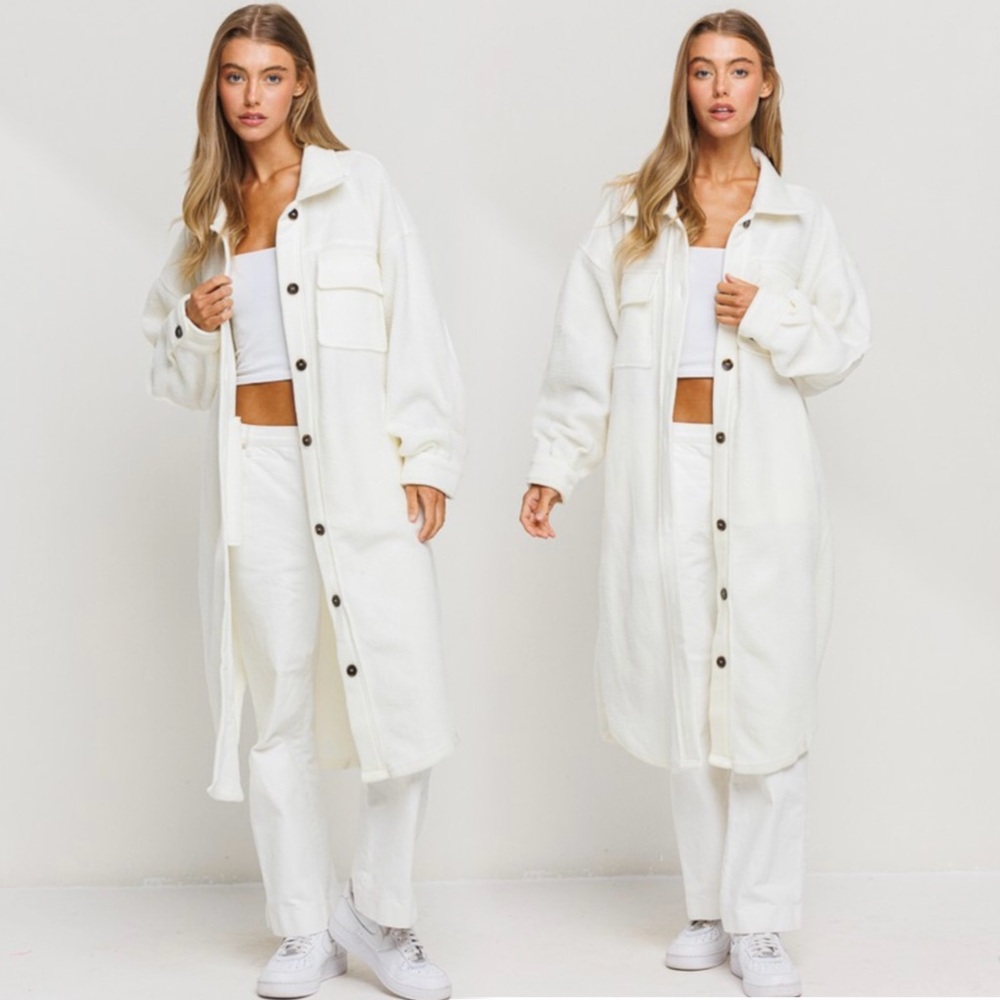 Women's Off White Fleece Button Down Longline Coat